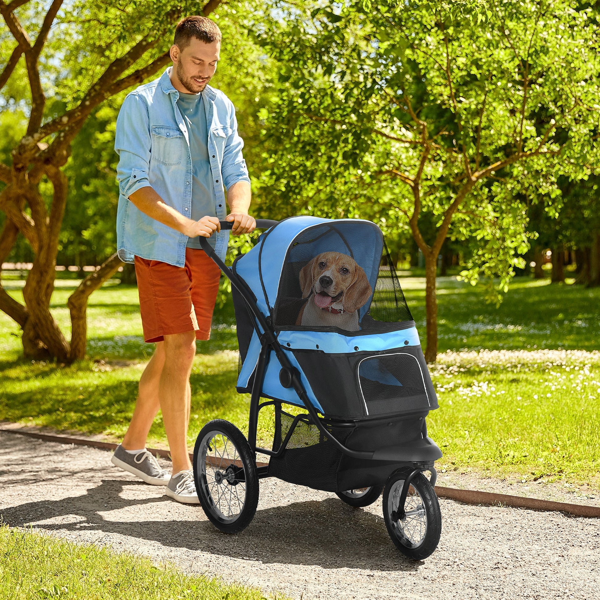 Dog Cart Dog Buggy Foldable for Dogs & Cats up to 20 kg Cat Buggy with All-Terrain Rubber Wheels Cushion Mesh Windows Doors Cat Cart with Storage Basket Buggy Blue