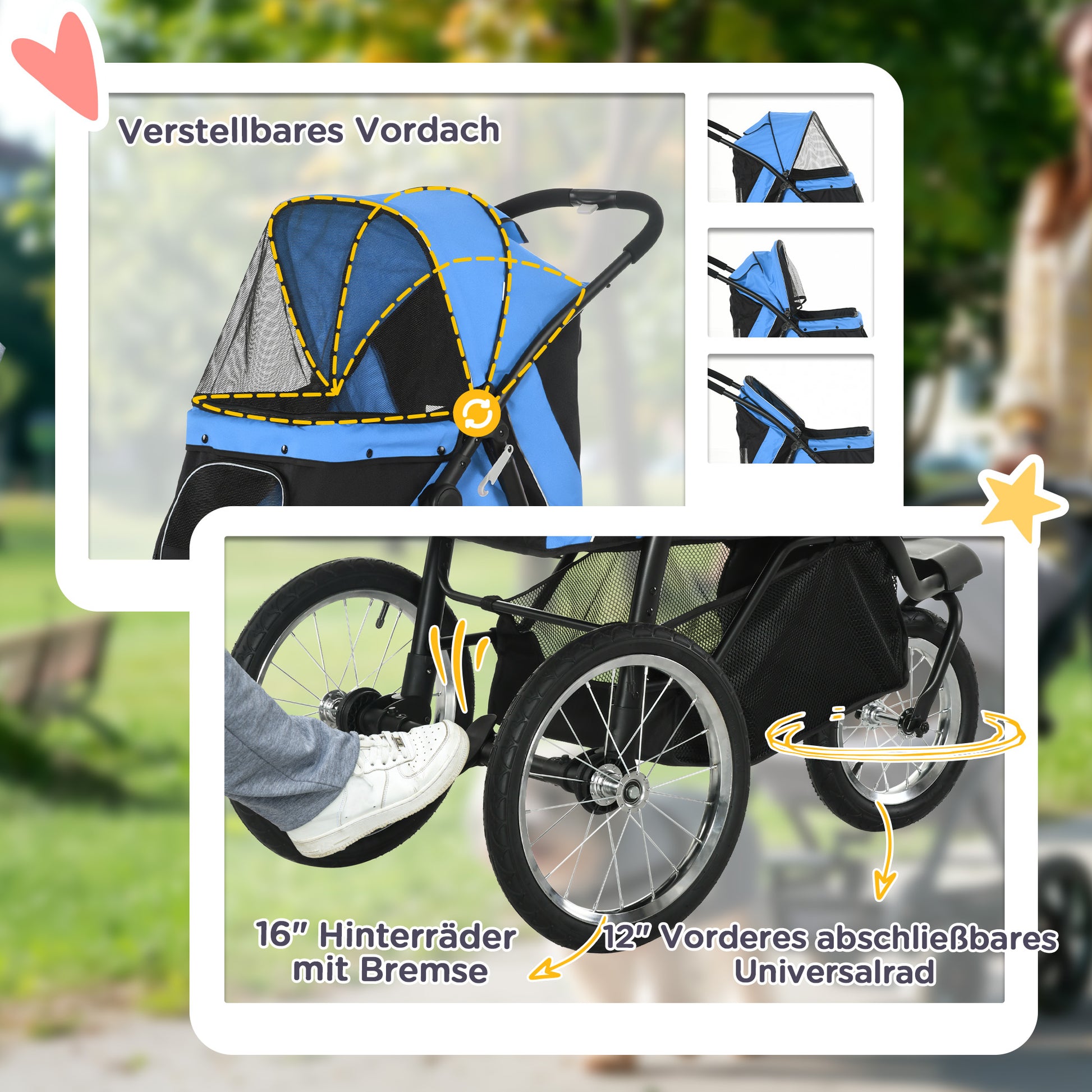 Dog Cart Dog Buggy Foldable for Dogs & Cats up to 20 kg Cat Buggy with All-Terrain Rubber Wheels Cushion Mesh Windows Doors Cat Cart with Storage Basket Buggy Blue