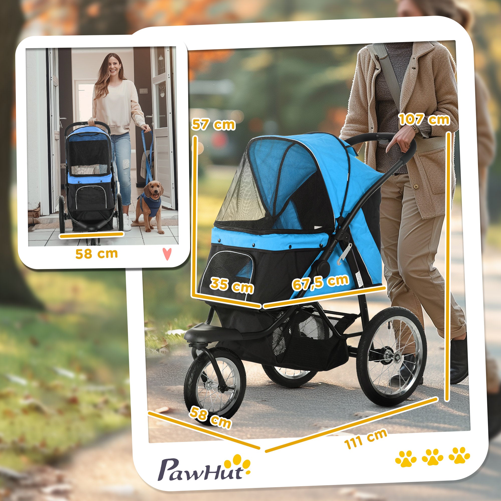 Dog Cart Dog Buggy Foldable for Dogs & Cats up to 20 kg Cat Buggy with All-Terrain Rubber Wheels Cushion Mesh Windows Doors Cat Cart with Storage Basket Buggy Blue