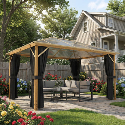 4 x 3 m Aluminum Gazebo with 6 mm Polycarbonate Hardtop, Wood-Grain Finish, Mosquito Net & 4 Side Curtains — Winter-Resistant Pergola with Ceiling Hooks (Natural Wood)