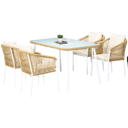 5-Piece Poly Rattan Garden Furniture Set Dining Table with 4 Stackable Chairs Garden Seating Group with Cushions Sofa Set with Toughened Glass Tabletop for Balcony, Patio, Yellow