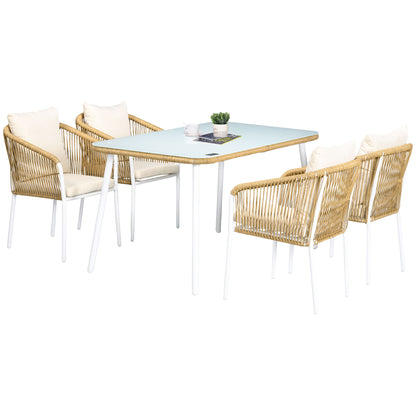 5-Piece Poly Rattan Garden Furniture Set Dining Table with 4 Stackable Chairs Garden Seating Group with Cushions Sofa Set with Toughened Glass Tabletop for Balcony, Patio, Yellow