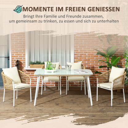 5-Piece Poly Rattan Garden Furniture Set Dining Table with 4 Stackable Chairs Garden Seating Group with Cushions Sofa Set with Toughened Glass Tabletop for Balcony, Patio, Yellow