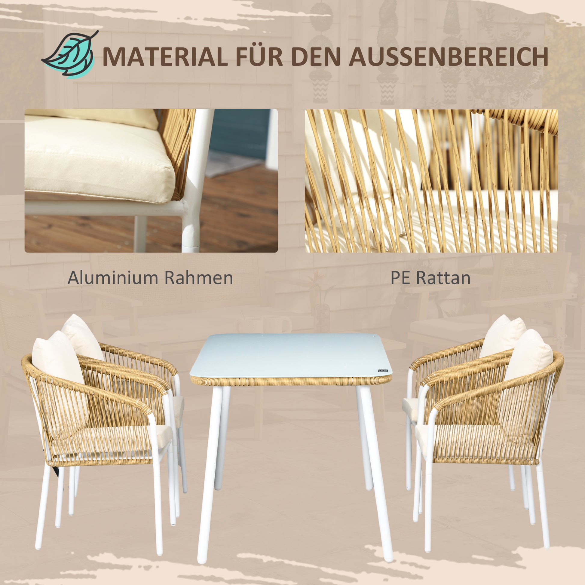 5-Piece Poly Rattan Garden Furniture Set Dining Table with 4 Stackable Chairs Garden Seating Group with Cushions Sofa Set with Toughened Glass Tabletop for Balcony, Patio, Yellow