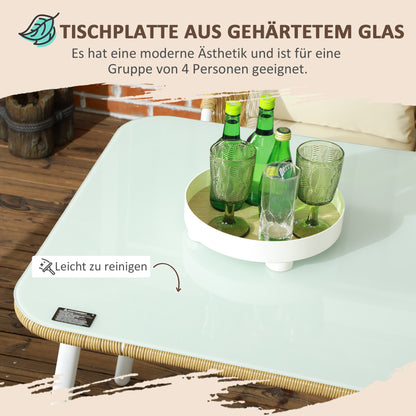 5-Piece Poly Rattan Garden Furniture Set Dining Table with 4 Stackable Chairs Garden Seating Group with Cushions Sofa Set with Toughened Glass Tabletop for Balcony, Patio, Yellow