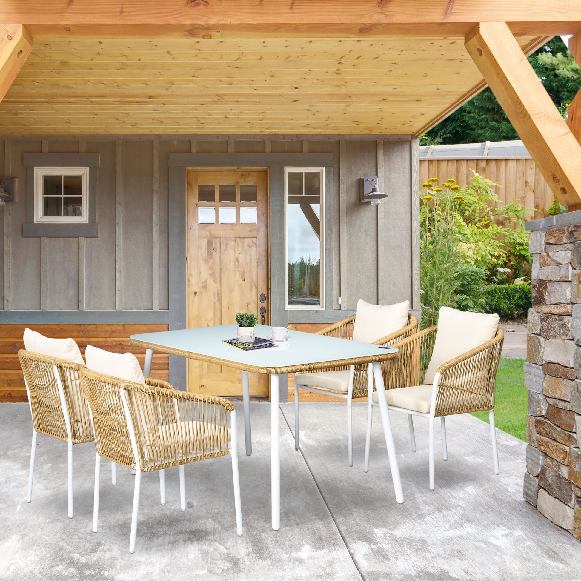 5-Piece Poly Rattan Garden Furniture Set Dining Table with 4 Stackable Chairs Garden Seating Group with Cushions Sofa Set with Toughened Glass Tabletop for Balcony, Patio, Yellow