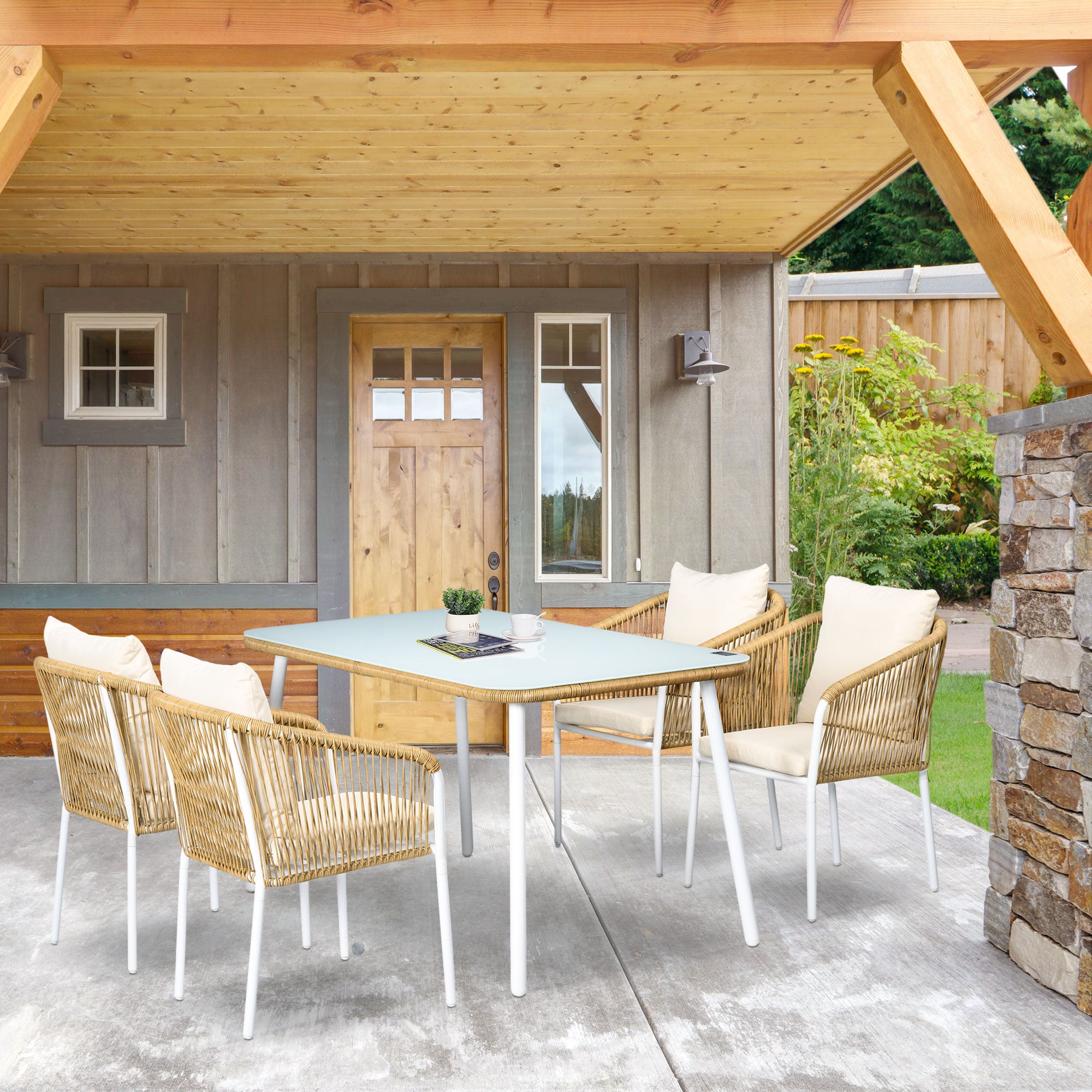 5-Piece Poly Rattan Garden Furniture Set Dining Table with 4 Stackable Chairs Garden Seating Group with Cushions Sofa Set with Toughened Glass Tabletop for Balcony, Patio, Yellow