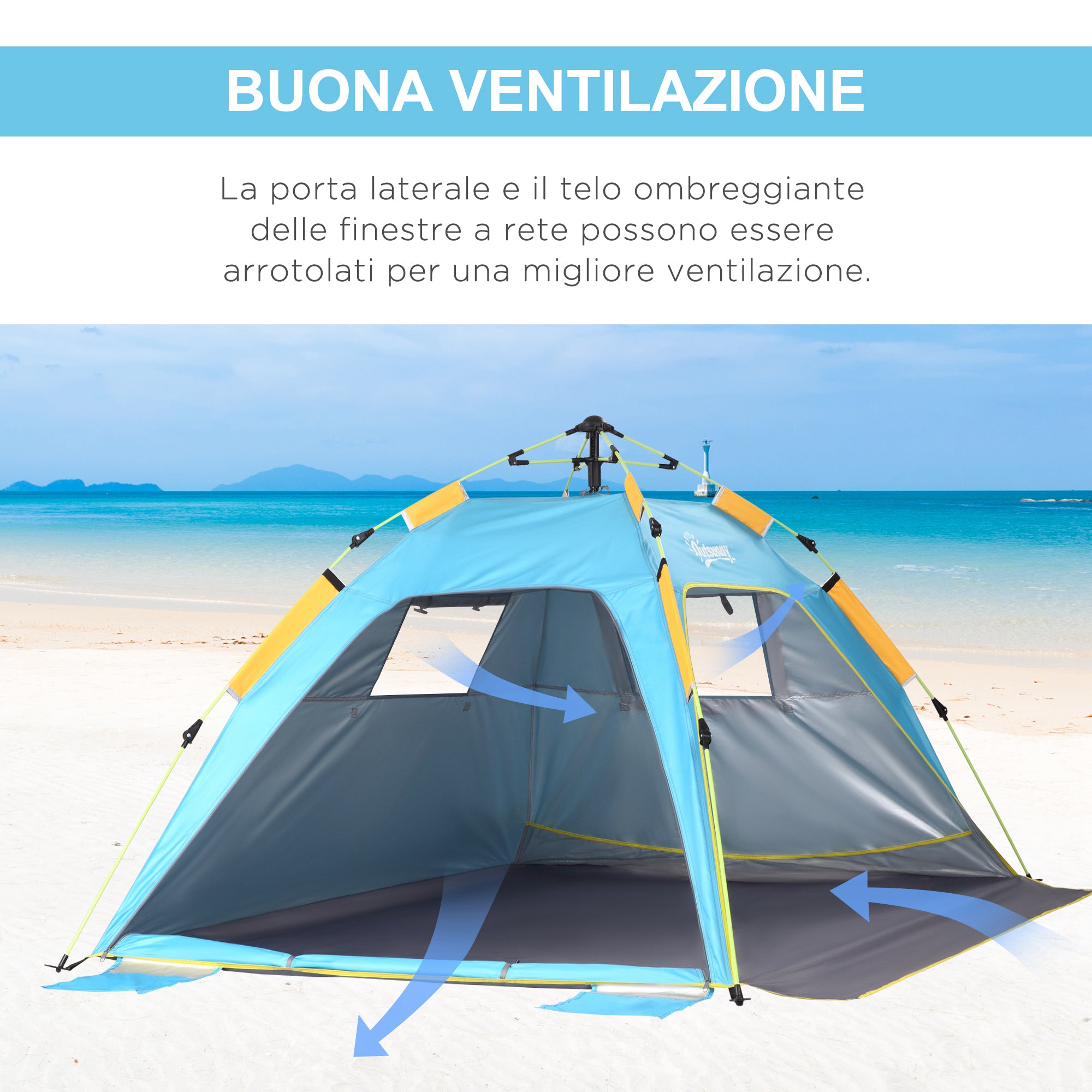Beach Tent with Retractable Windows and Zipper Door, Instant Polyester and Fiberglass Tent, 220x173x120 cm, Light Blue and Yellow