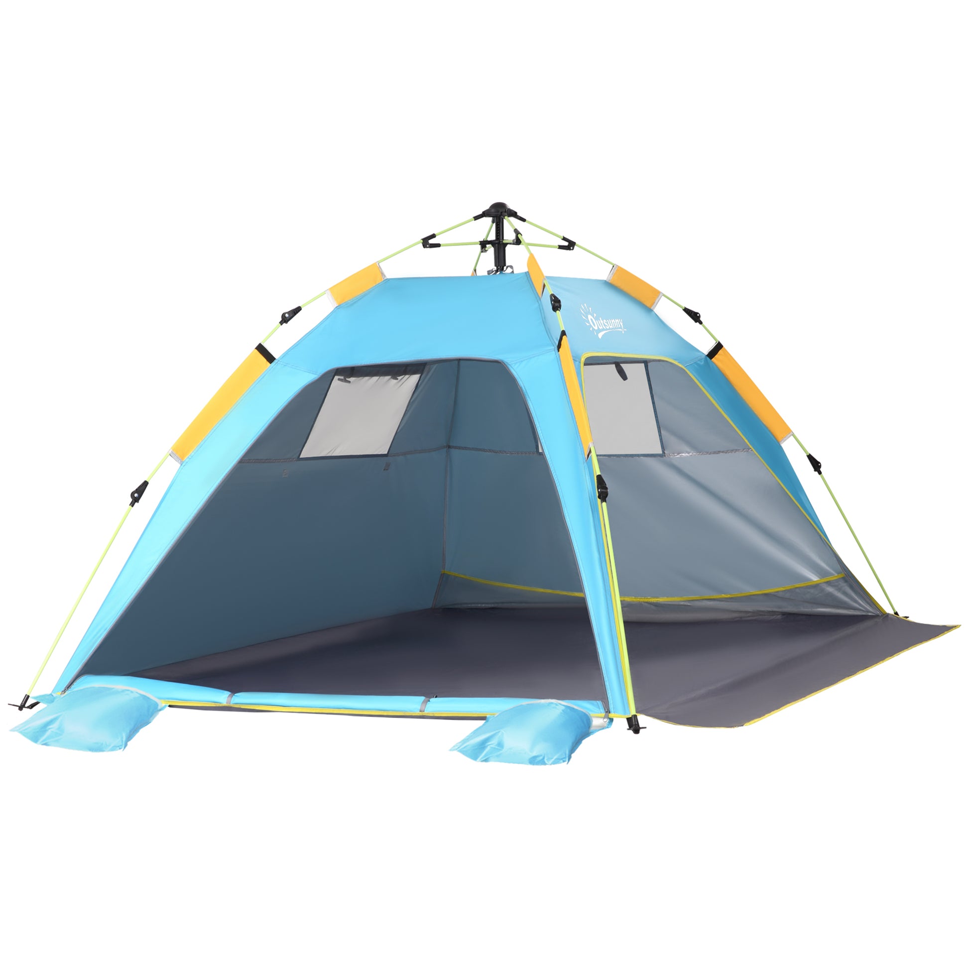 Beach Tent with Retractable Windows and Zipper Door, Instant Polyester and Fiberglass Tent, 220x173x120 cm, Light Blue and Yellow