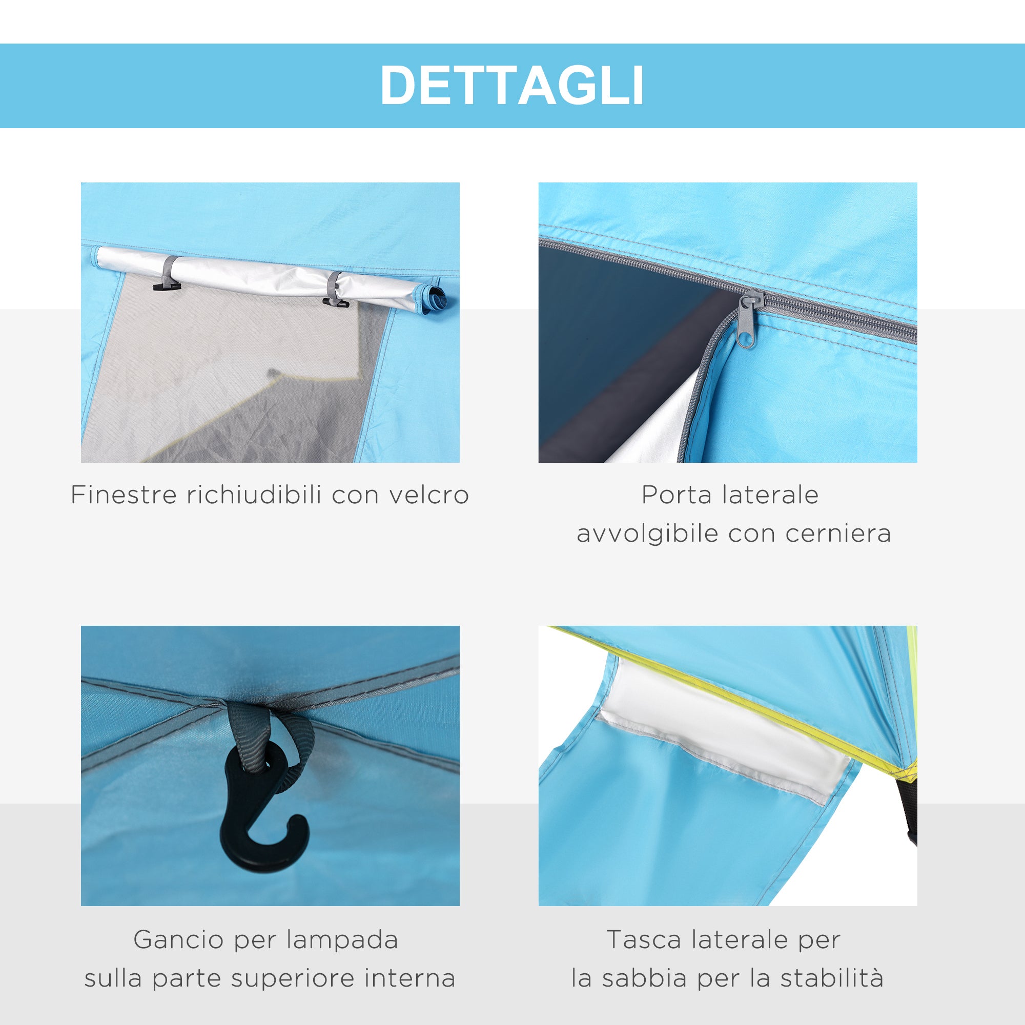 Beach Tent with Retractable Windows and Zipper Door, Instant Polyester and Fiberglass Tent, 220x173x120 cm, Light Blue and Yellow