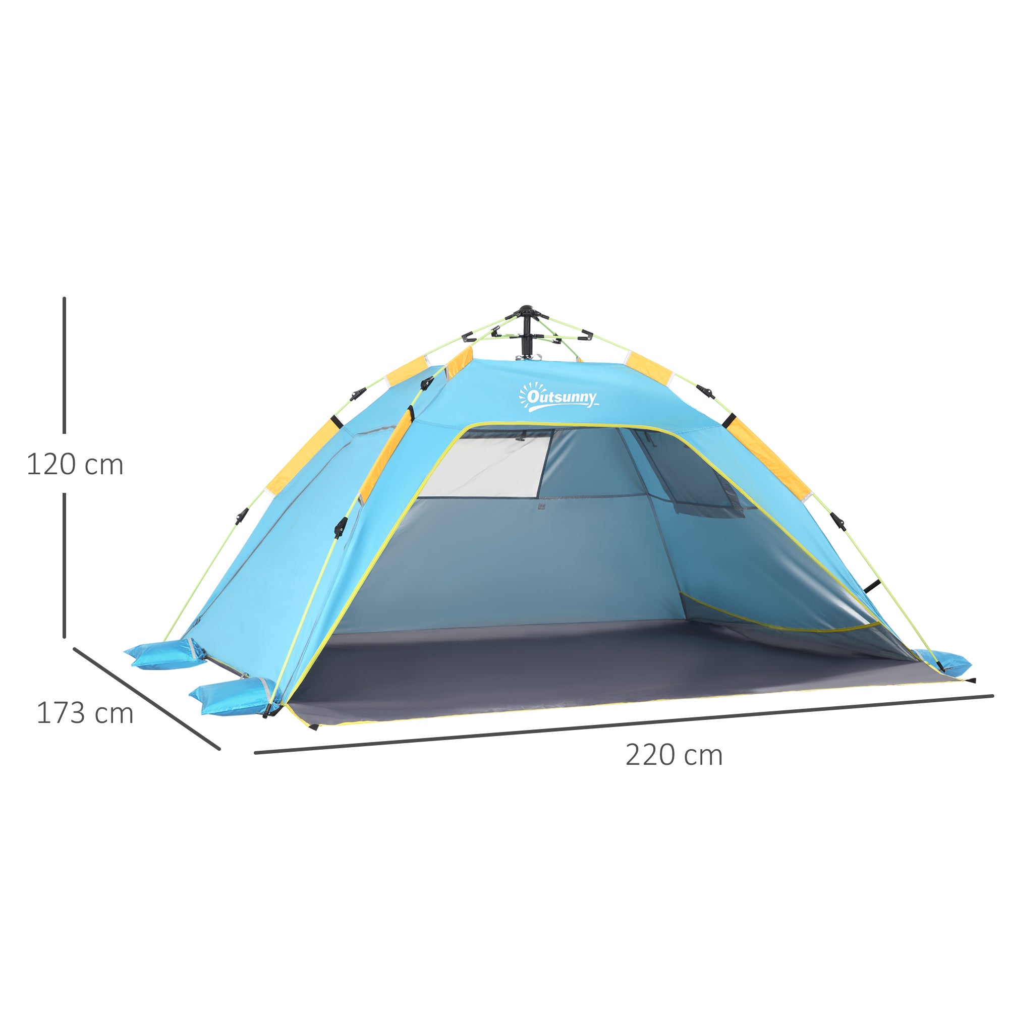 Beach Tent with Retractable Windows and Zipper Door, Instant Polyester and Fiberglass Tent, 220x173x120 cm, Light Blue and Yellow