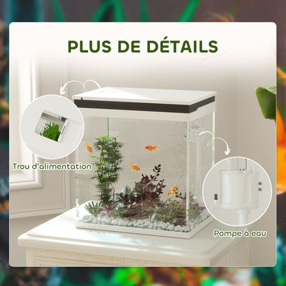 Small 14L complete glass aquarium with filtration system, LED lighting, water pump, lid, for tropical, goldfish, white fish