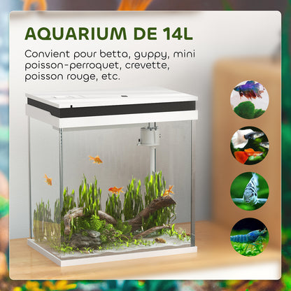 Small 14L complete glass aquarium with filtration system, LED lighting, water pump, lid, for tropical, goldfish, white fish