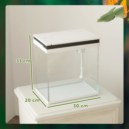 Small 14L complete glass aquarium with filtration system, LED lighting, water pump, lid, for tropical, goldfish, white fish