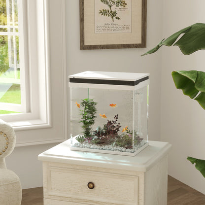 Small 14L complete glass aquarium with filtration system, LED lighting, water pump, lid, for tropical, goldfish, white fish