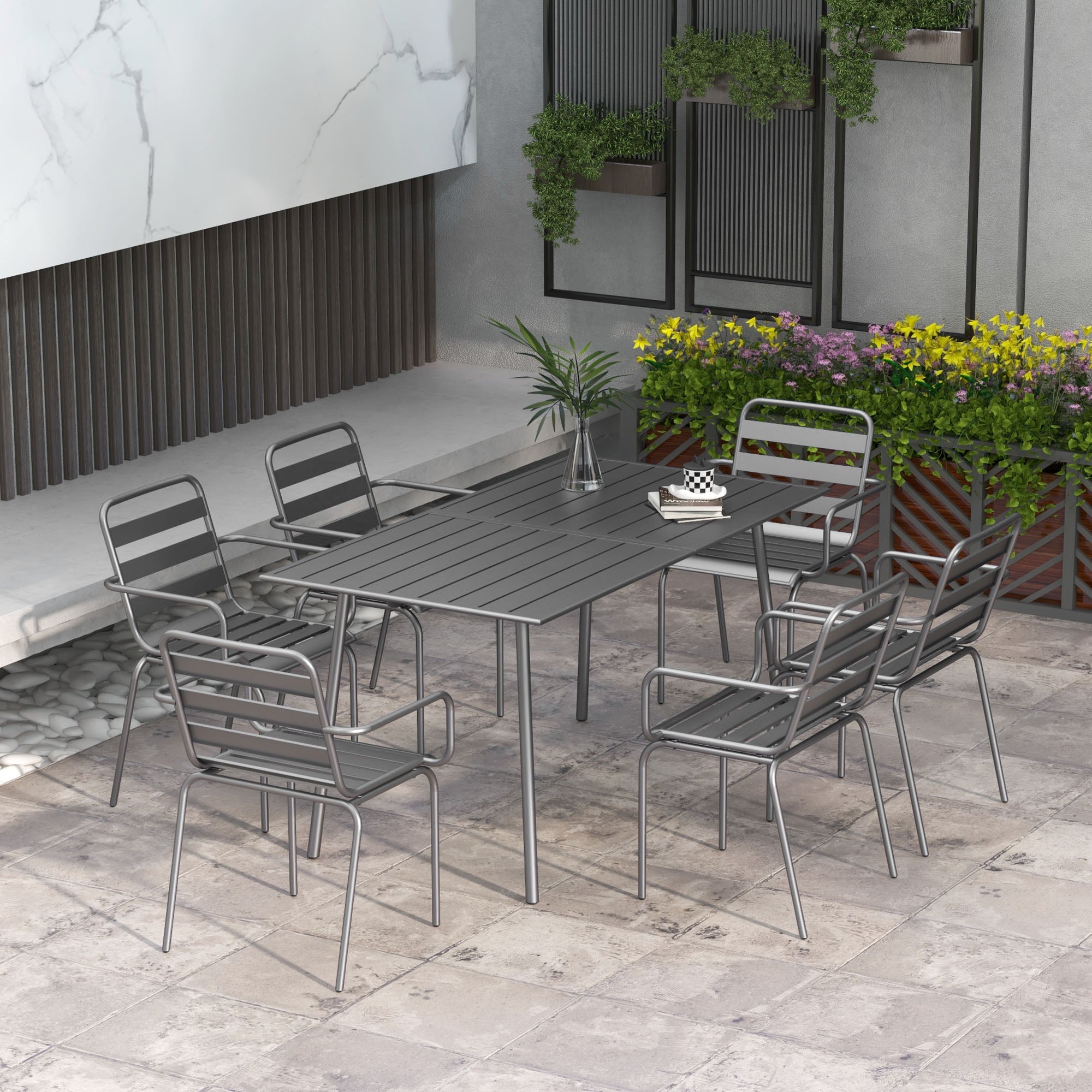 Outdoor Garden Dining Set 7-Piece with 1 Table and 6 Stackable Steel Gray Chairs