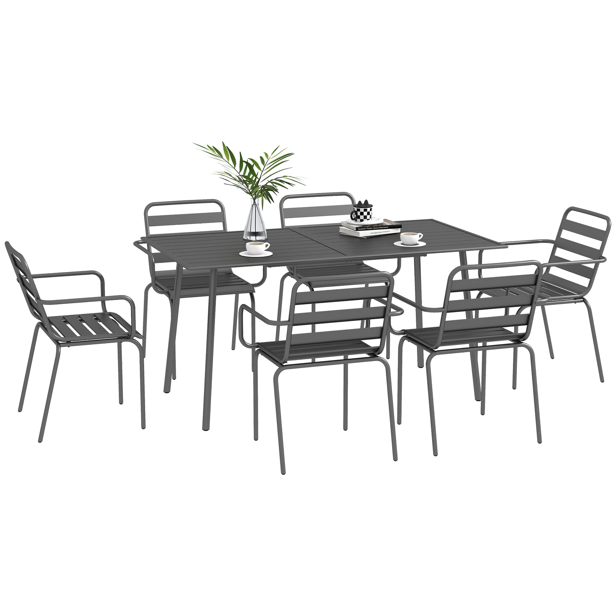 Outdoor Garden Dining Set 7-Piece with 1 Table and 6 Stackable Steel Gray Chairs