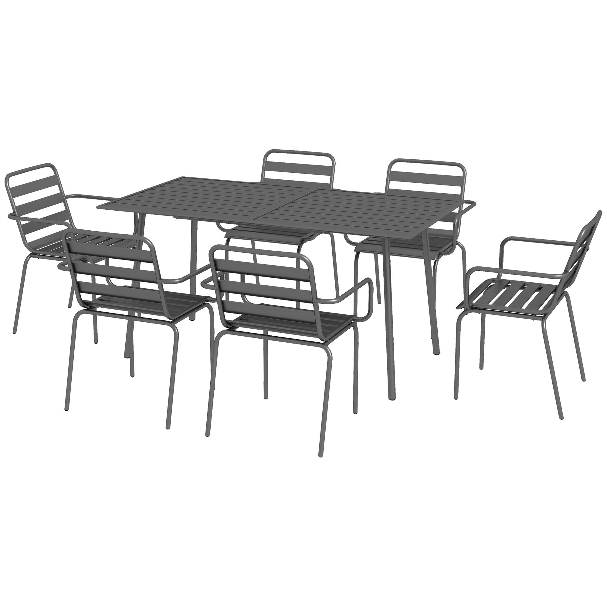 Outdoor Garden Dining Set 7-Piece with 1 Table and 6 Stackable Steel Gray Chairs