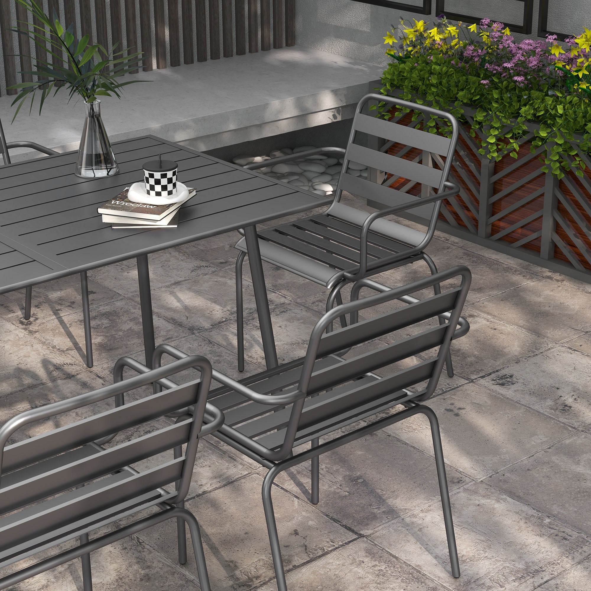 Outdoor Garden Dining Set 7-Piece with 1 Table and 6 Stackable Steel Gray Chairs