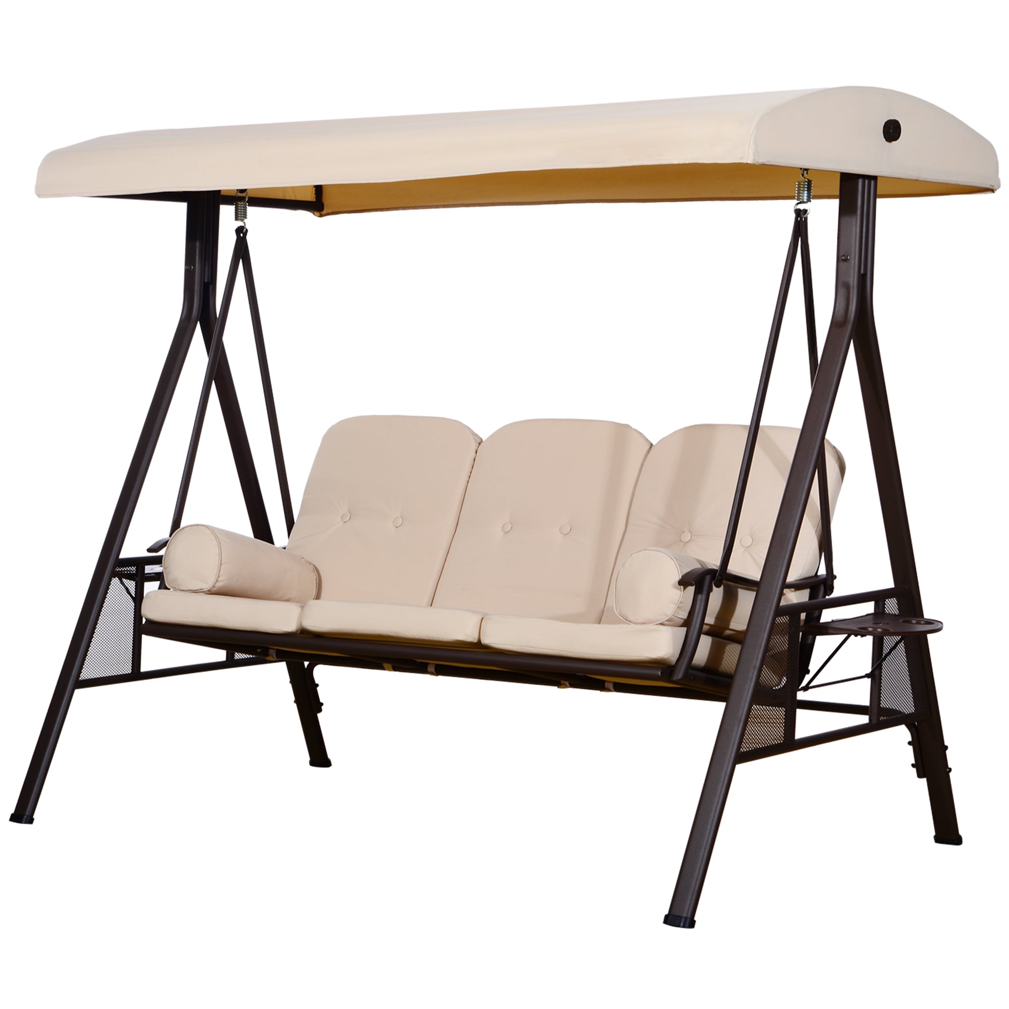 3-Seater Outdoor Garden Swing with Adjustable Canopy, Side Trays, 2 Pillows, and Metal Frame 360 kg 208x121x172 cm Beige