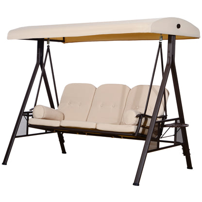 3-Seater Outdoor Garden Swing with Adjustable Canopy, Side Trays, 2 Pillows, and Metal Frame 360 kg 208x121x172 cm Beige