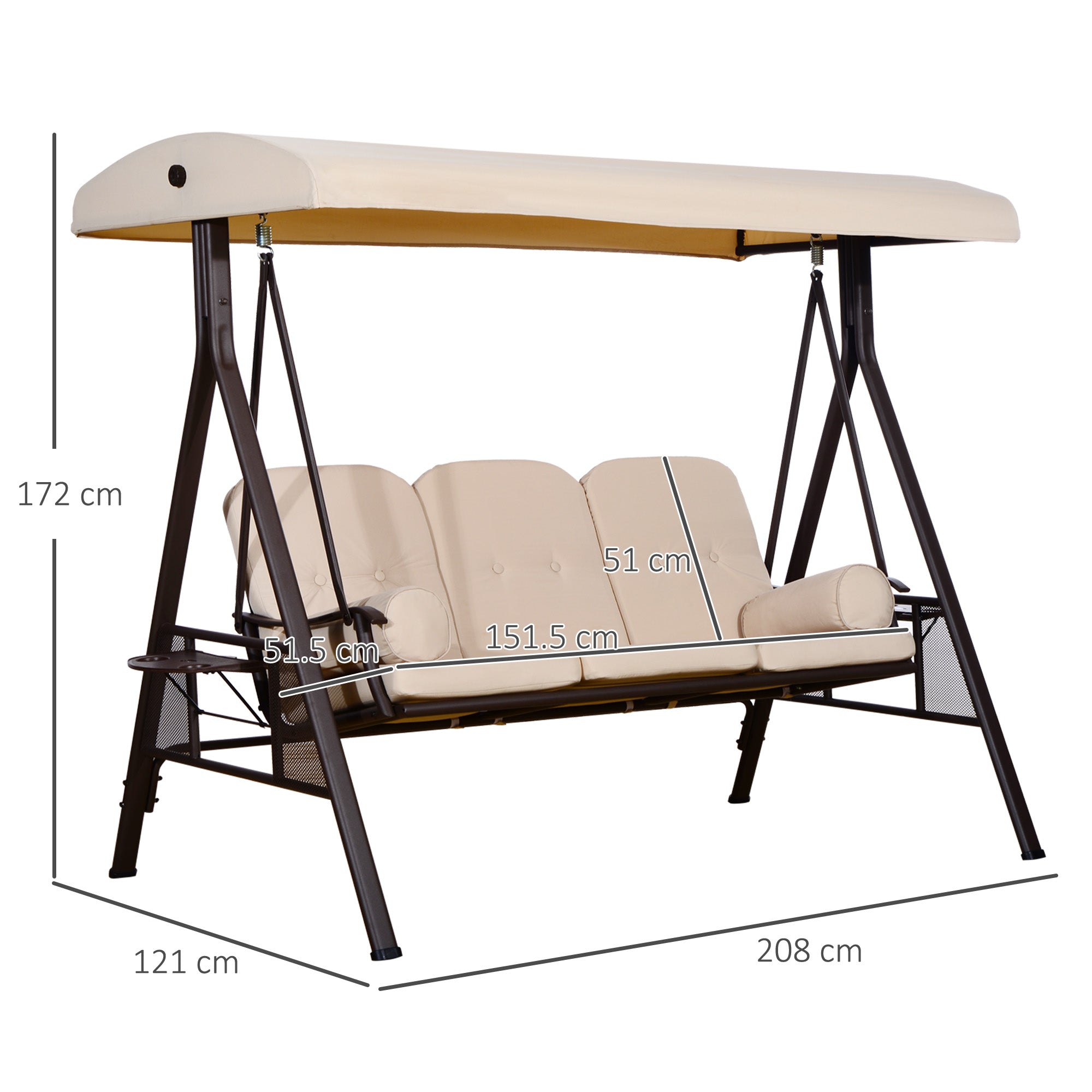 3-Seater Outdoor Garden Swing with Adjustable Canopy, Side Trays, 2 Pillows, and Metal Frame 360 kg 208x121x172 cm Beige