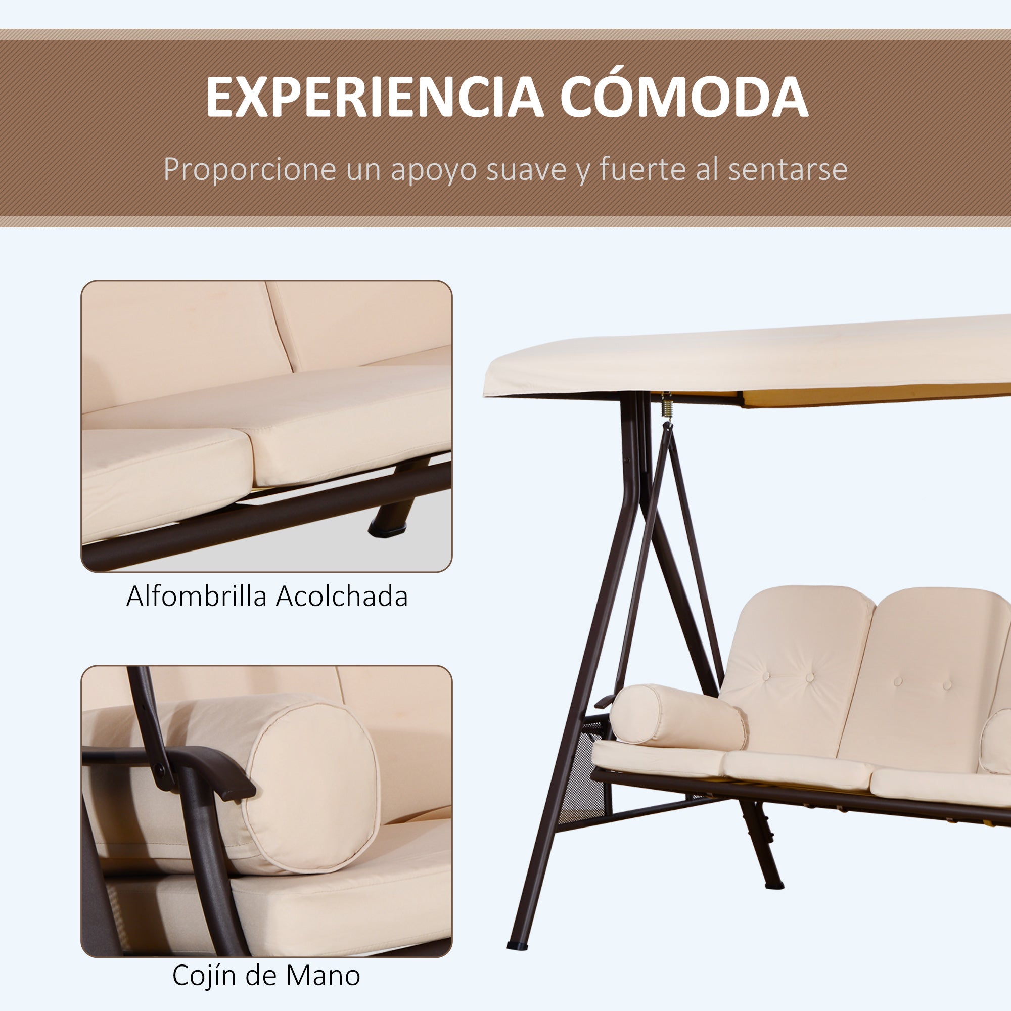 3-Seater Outdoor Garden Swing with Adjustable Canopy, Side Trays, 2 Pillows, and Metal Frame 360 kg 208x121x172 cm Beige