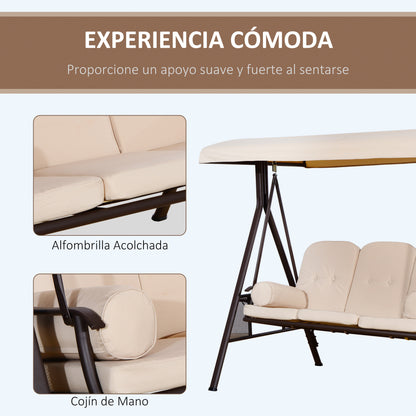 3-Seater Outdoor Garden Swing with Adjustable Canopy, Side Trays, 2 Pillows, and Metal Frame 360 kg 208x121x172 cm Beige