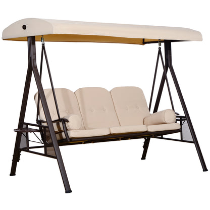 3-Seater Outdoor Garden Swing with Adjustable Canopy, Side Trays, 2 Pillows, and Metal Frame 360 kg 208x121x172 cm Beige