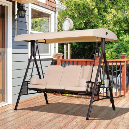 3-Seater Outdoor Garden Swing with Adjustable Canopy, Side Trays, 2 Pillows, and Metal Frame 360 kg 208x121x172 cm Beige