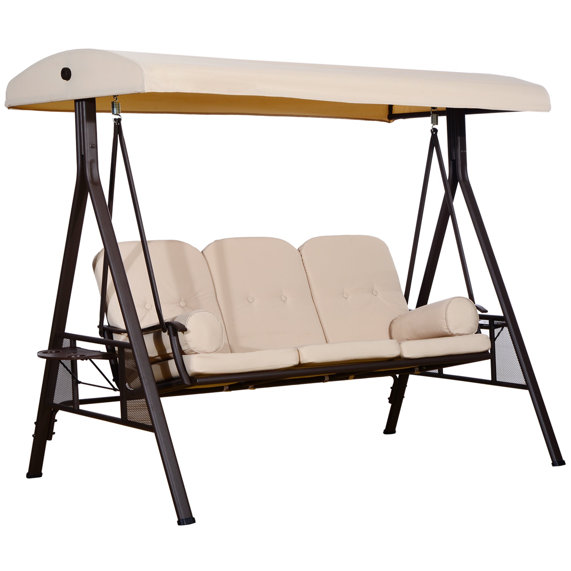 3-Seater Outdoor Garden Swing with Adjustable Canopy, Side Trays, 2 Pillows, and Metal Frame 360 kg 208x121x172 cm Beige