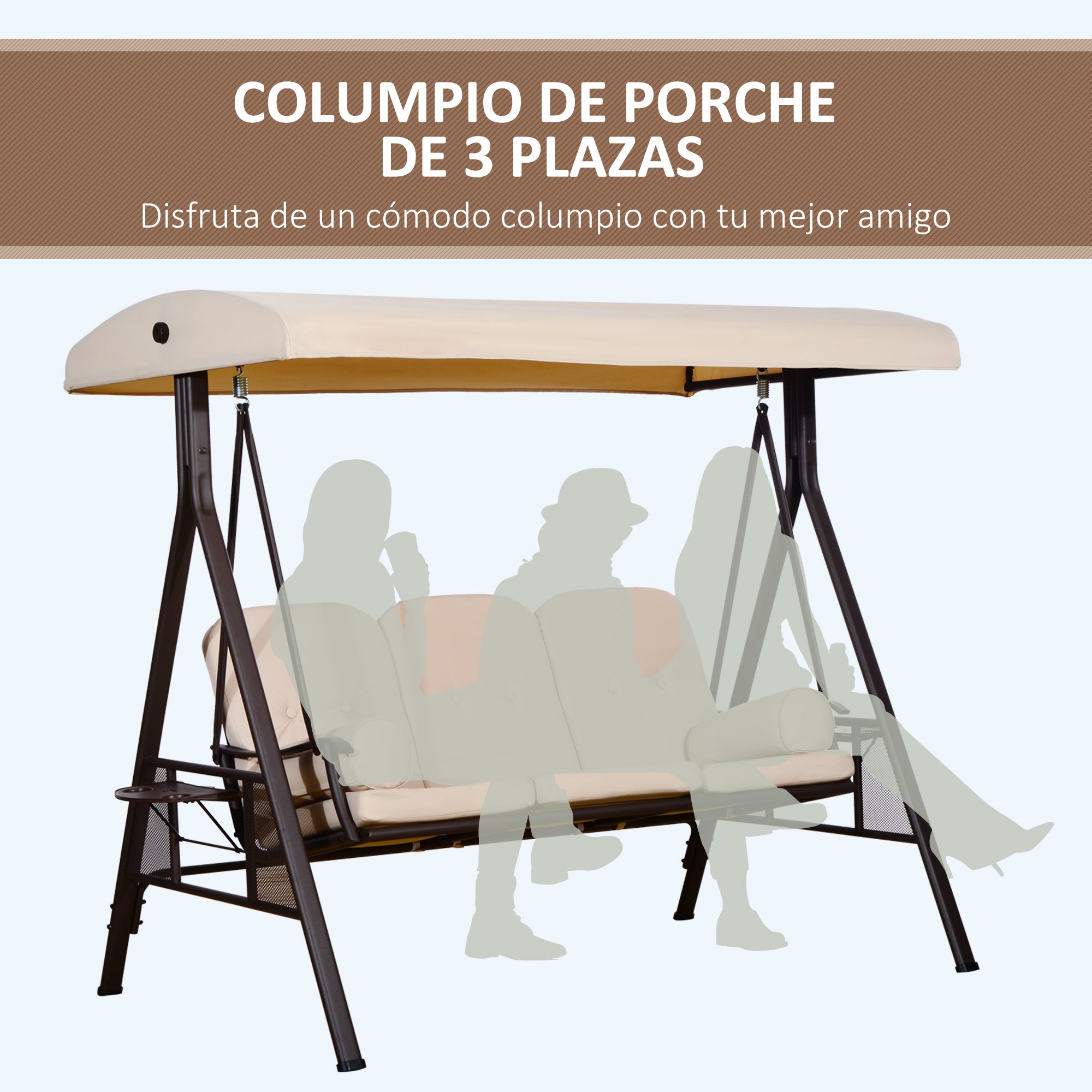 3-Seater Outdoor Garden Swing with Adjustable Canopy, Side Trays, 2 Pillows, and Metal Frame 360 kg 208x121x172 cm Beige