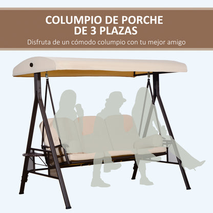 3-Seater Outdoor Garden Swing with Adjustable Canopy, Side Trays, 2 Pillows, and Metal Frame 360 kg 208x121x172 cm Beige