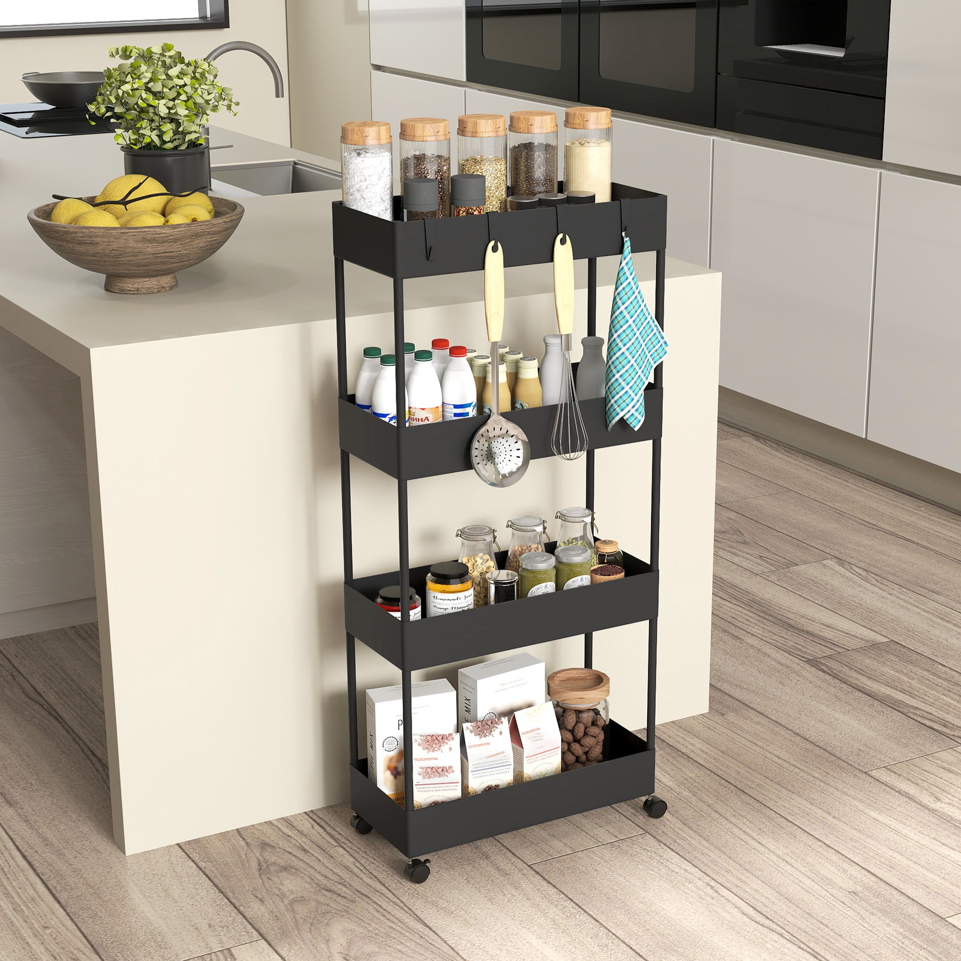 Serving Trolley with 4 Levels Kitchen Cart with Wheels Rolling Cart with Hooks Multipurpose Cart for Kitchen Office Bathroom, White, Black