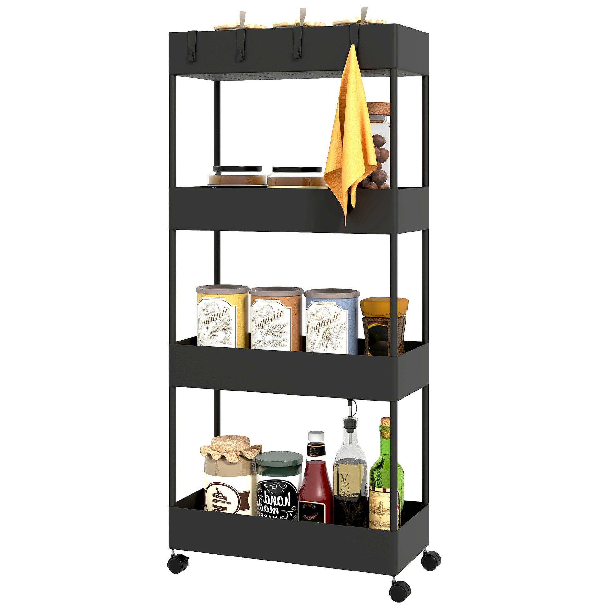 Serving Trolley with 4 Levels Kitchen Cart with Wheels Rolling Cart with Hooks Multipurpose Cart for Kitchen Office Bathroom, White, Black