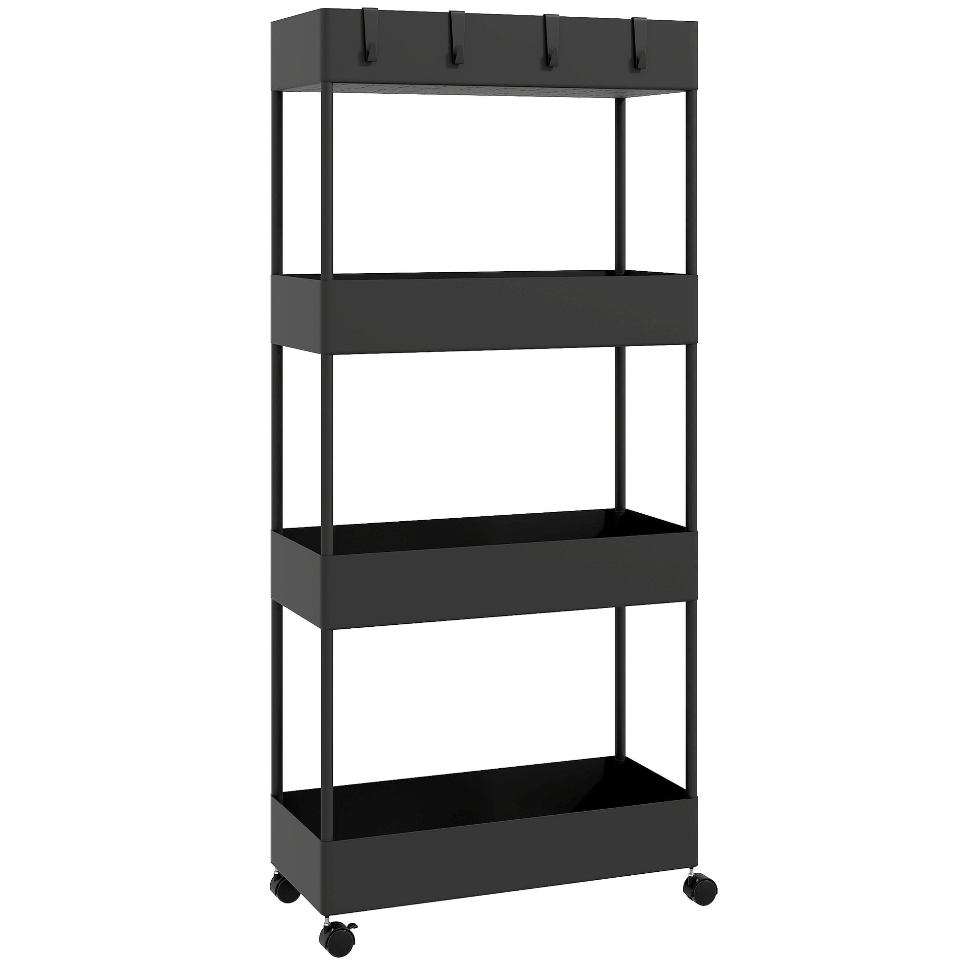 Serving Trolley with 4 Levels Kitchen Cart with Wheels Rolling Cart with Hooks Multipurpose Cart for Kitchen Office Bathroom, White, Black