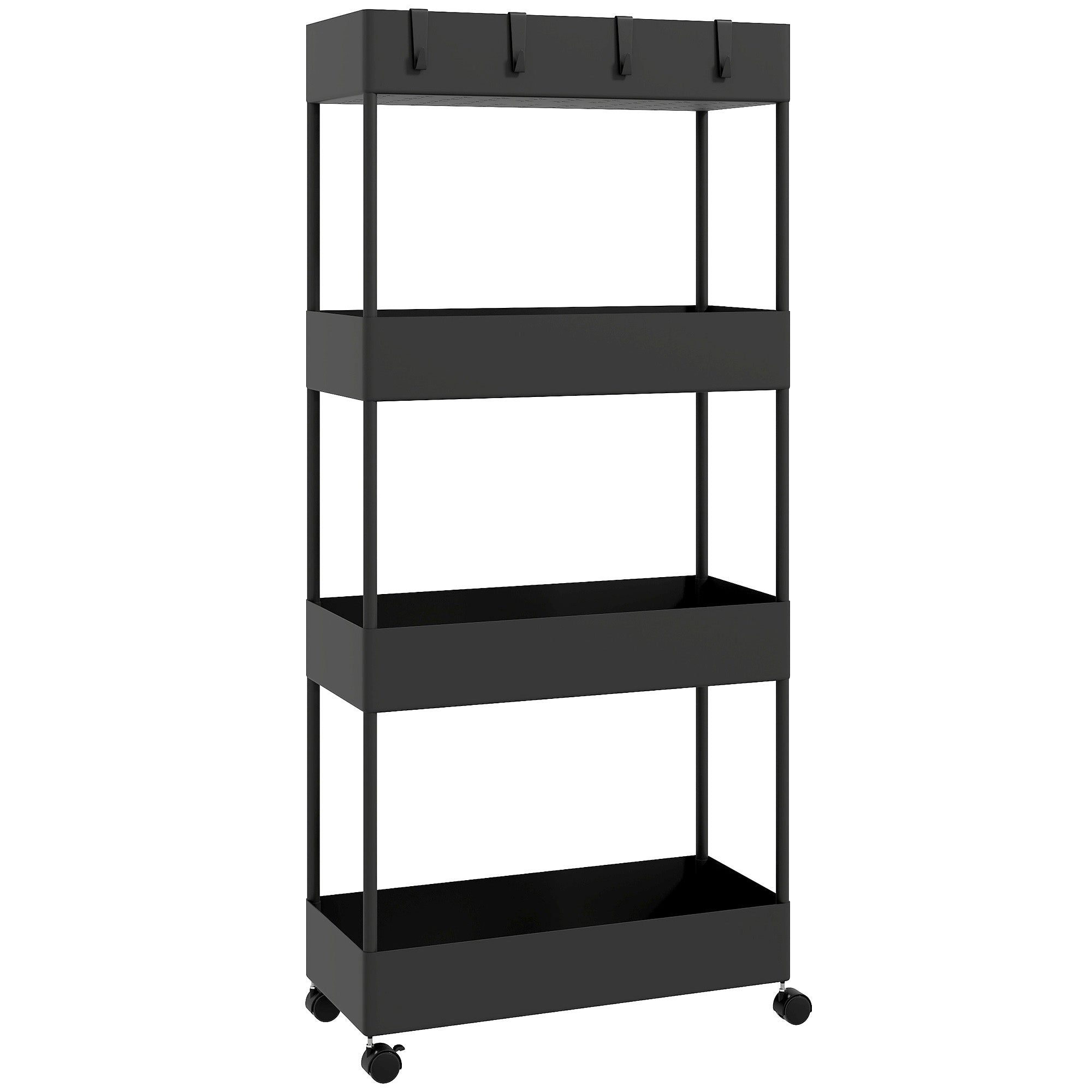 Serving Trolley with 4 Levels Kitchen Cart with Wheels Rolling Cart with Hooks Multipurpose Cart for Kitchen Office Bathroom, White, Black