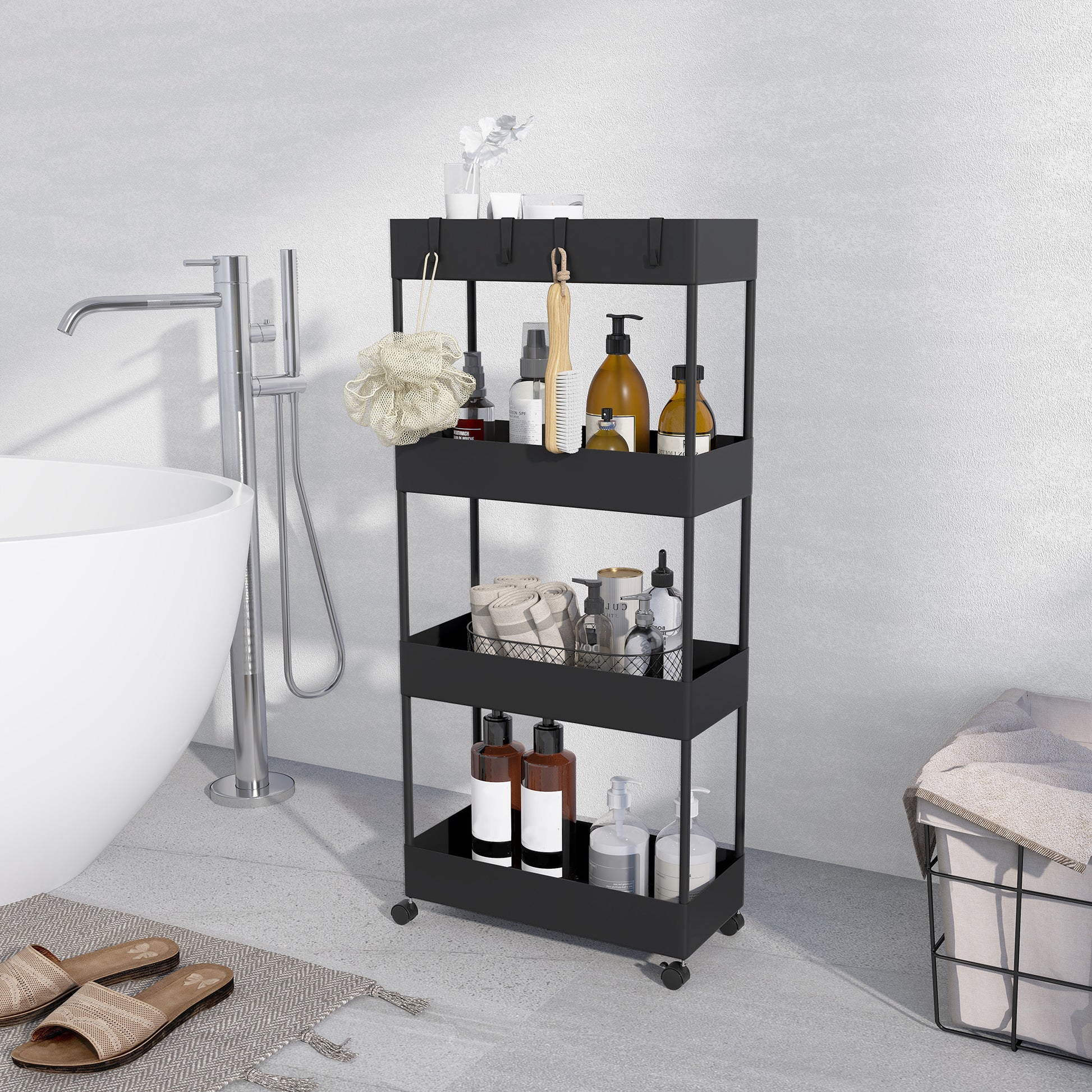 Serving Trolley with 4 Levels Kitchen Cart with Wheels Rolling Cart with Hooks Multipurpose Cart for Kitchen Office Bathroom, White, Black