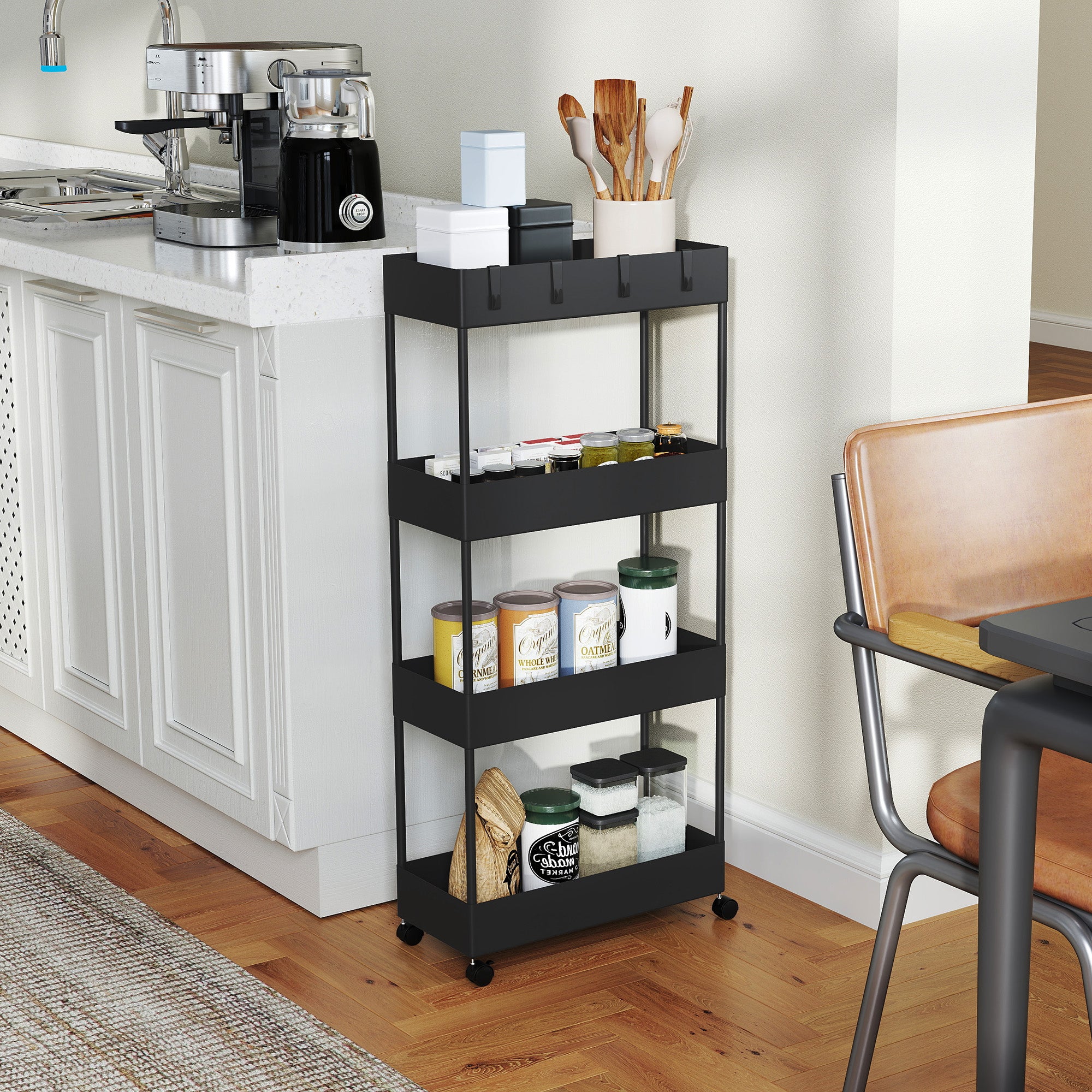 Serving Trolley with 4 Levels Kitchen Cart with Wheels Rolling Cart with Hooks Multipurpose Cart for Kitchen Office Bathroom, White, Black