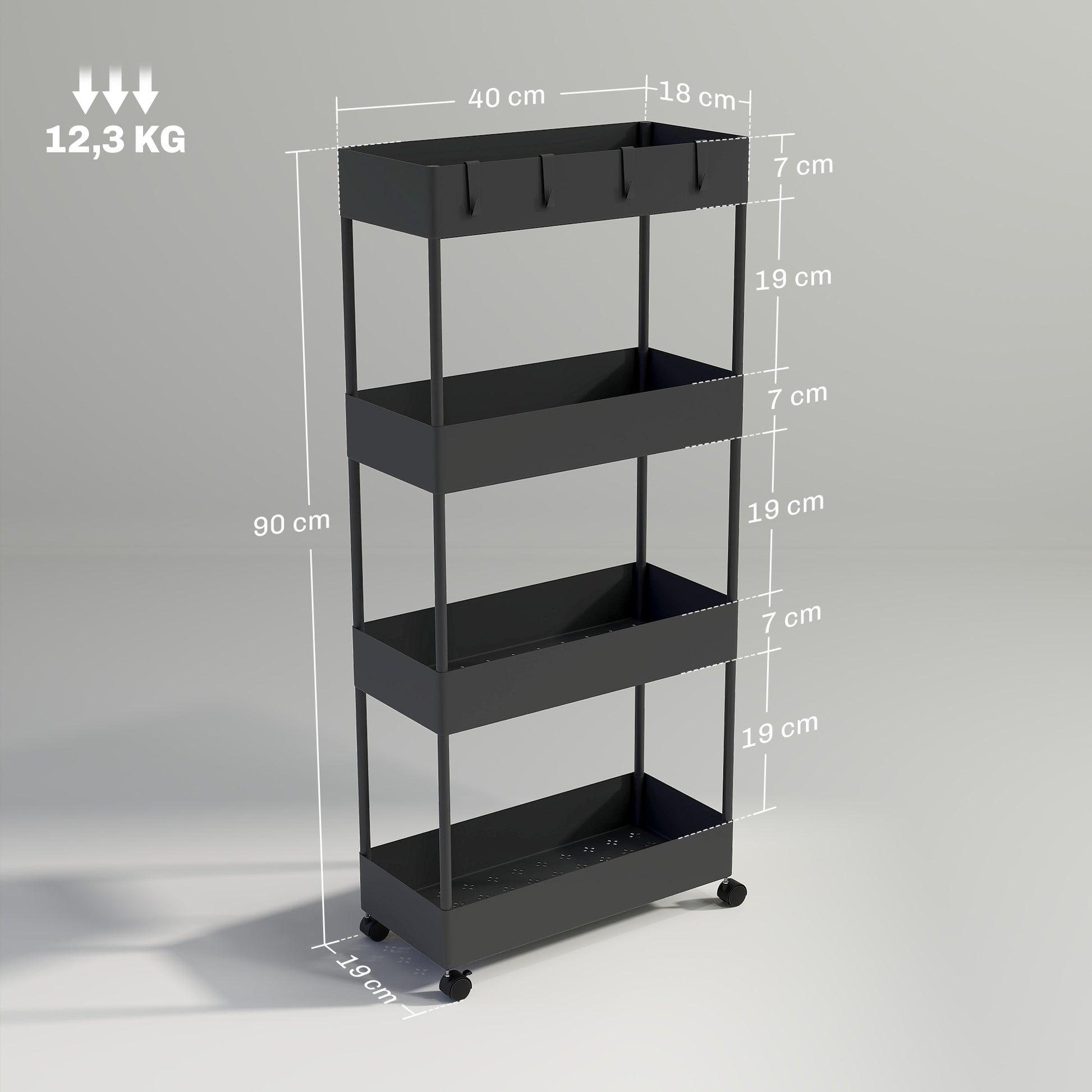 Serving Trolley with 4 Levels Kitchen Cart with Wheels Rolling Cart with Hooks Multipurpose Cart for Kitchen Office Bathroom, White, Black