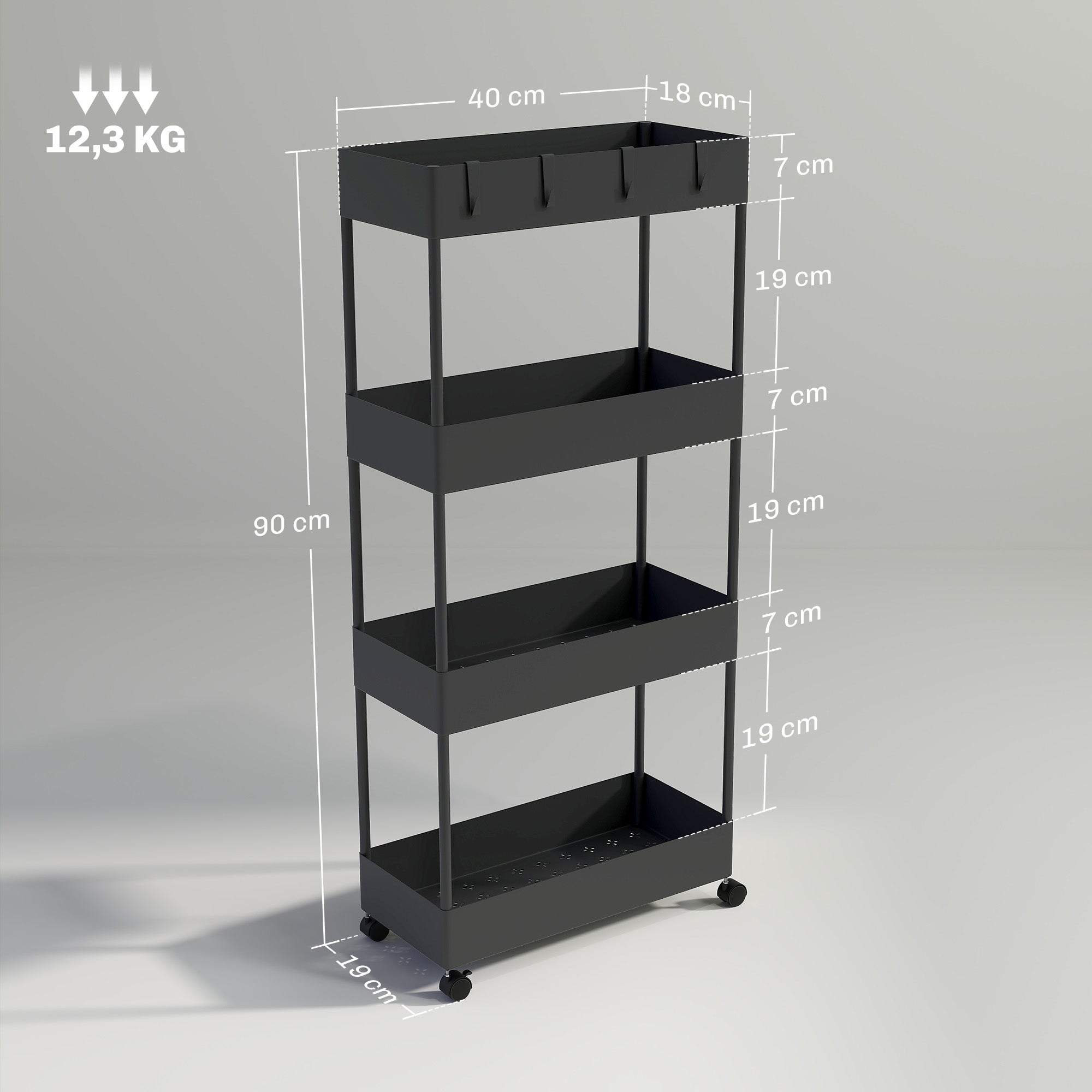 Serving Trolley with 4 Levels Kitchen Cart with Wheels Rolling Cart with Hooks Multipurpose Cart for Kitchen Office Bathroom, White, Black