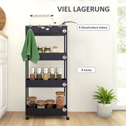 Serving Trolley with 4 Levels Kitchen Cart with Wheels Rolling Cart with Hooks Multipurpose Cart for Kitchen Office Bathroom, White, Black