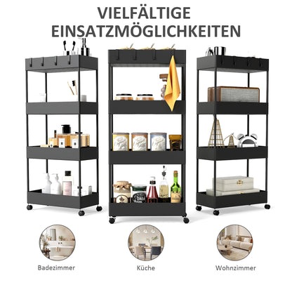 Serving Trolley with 4 Levels Kitchen Cart with Wheels Rolling Cart with Hooks Multipurpose Cart for Kitchen Office Bathroom, White, Black
