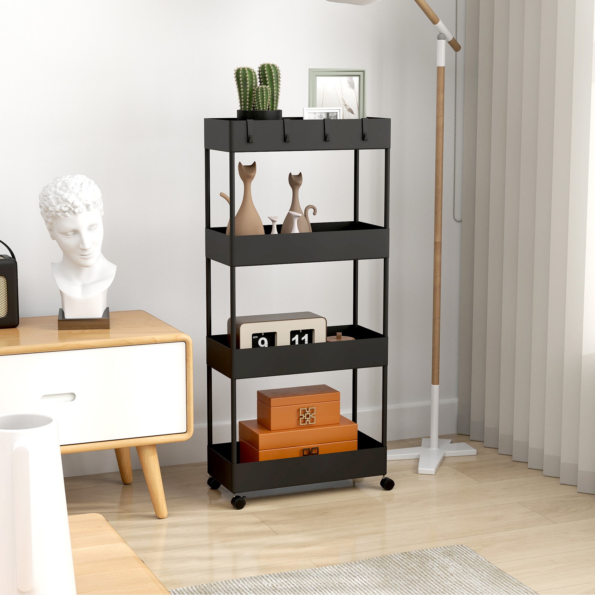 Serving Trolley with 4 Levels Kitchen Cart with Wheels Rolling Cart with Hooks Multipurpose Cart for Kitchen Office Bathroom, White, Black