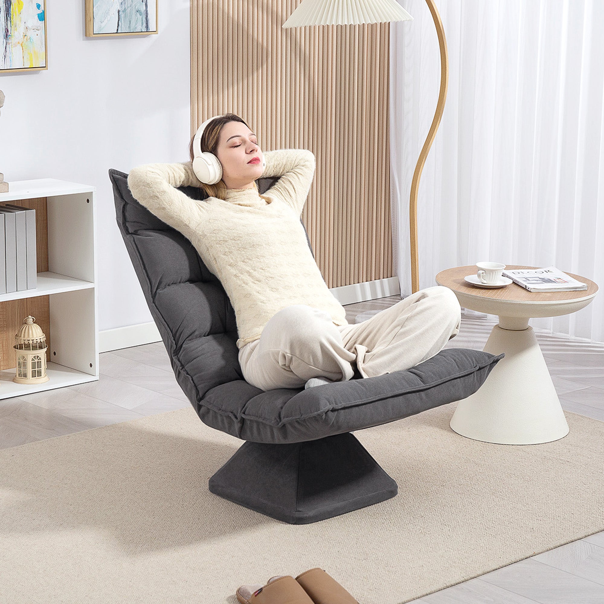 Floor Chair Floor Sofa with Adjustable Backrest, Swivel Meditation Chair with Base, Padded Recliner, Lazy Sofa for Living Room, Office, Gray