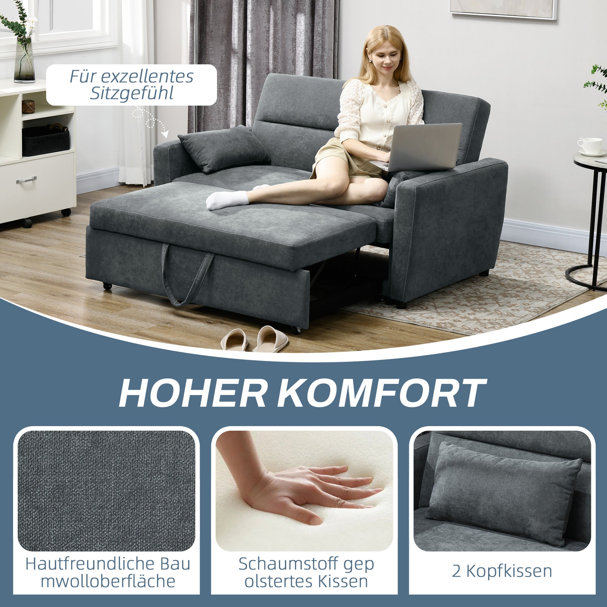 Sleeper Sofa, 2-Seater Sofa with Sleeping Function, Adjustable Backrest, Couch with Pillows, Velvet Look, Sofa Bed for Living Room, Guest Room, Dark Grey