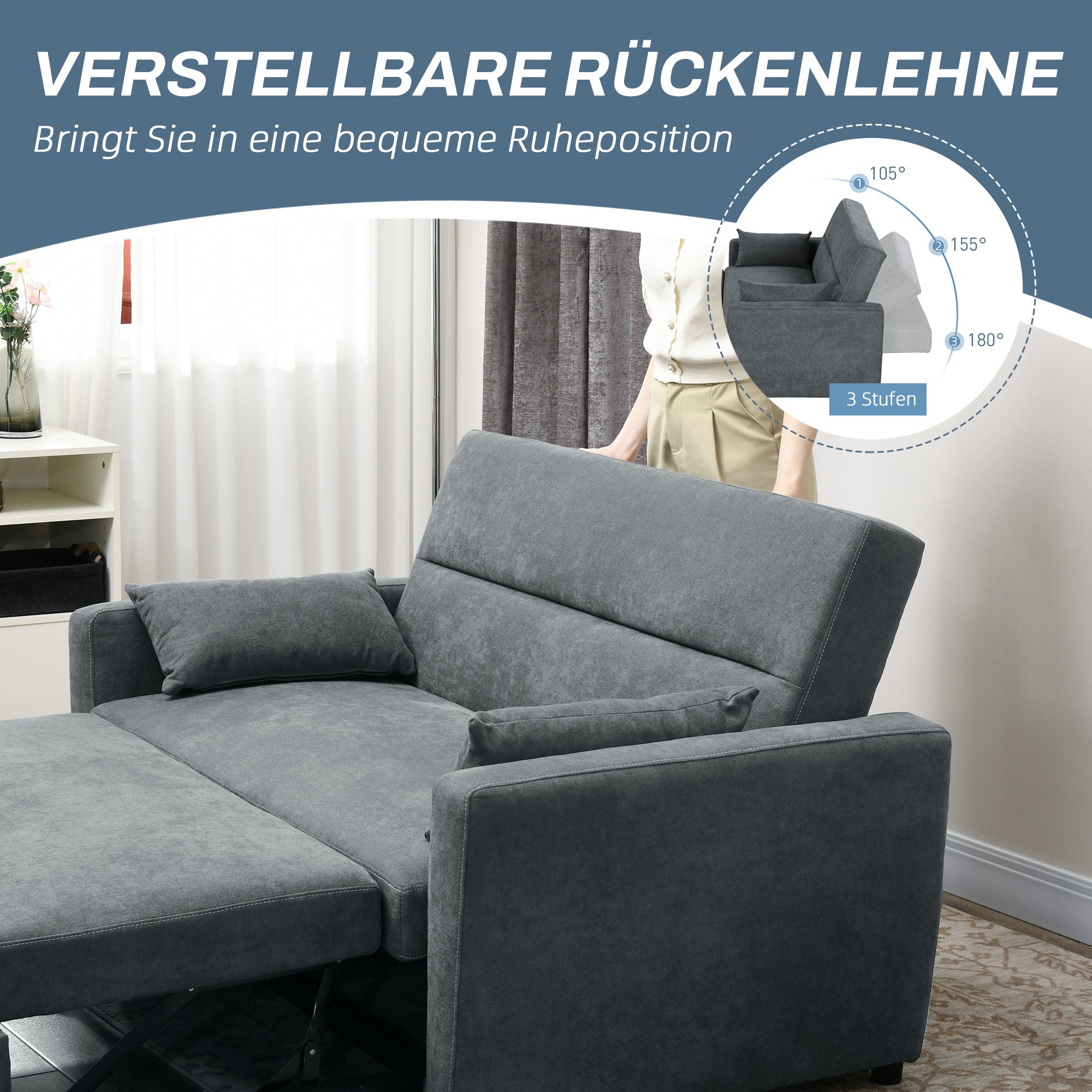 Sleeper Sofa, 2-Seater Sofa with Sleeping Function, Adjustable Backrest, Couch with Pillows, Velvet Look, Sofa Bed for Living Room, Guest Room, Dark Grey