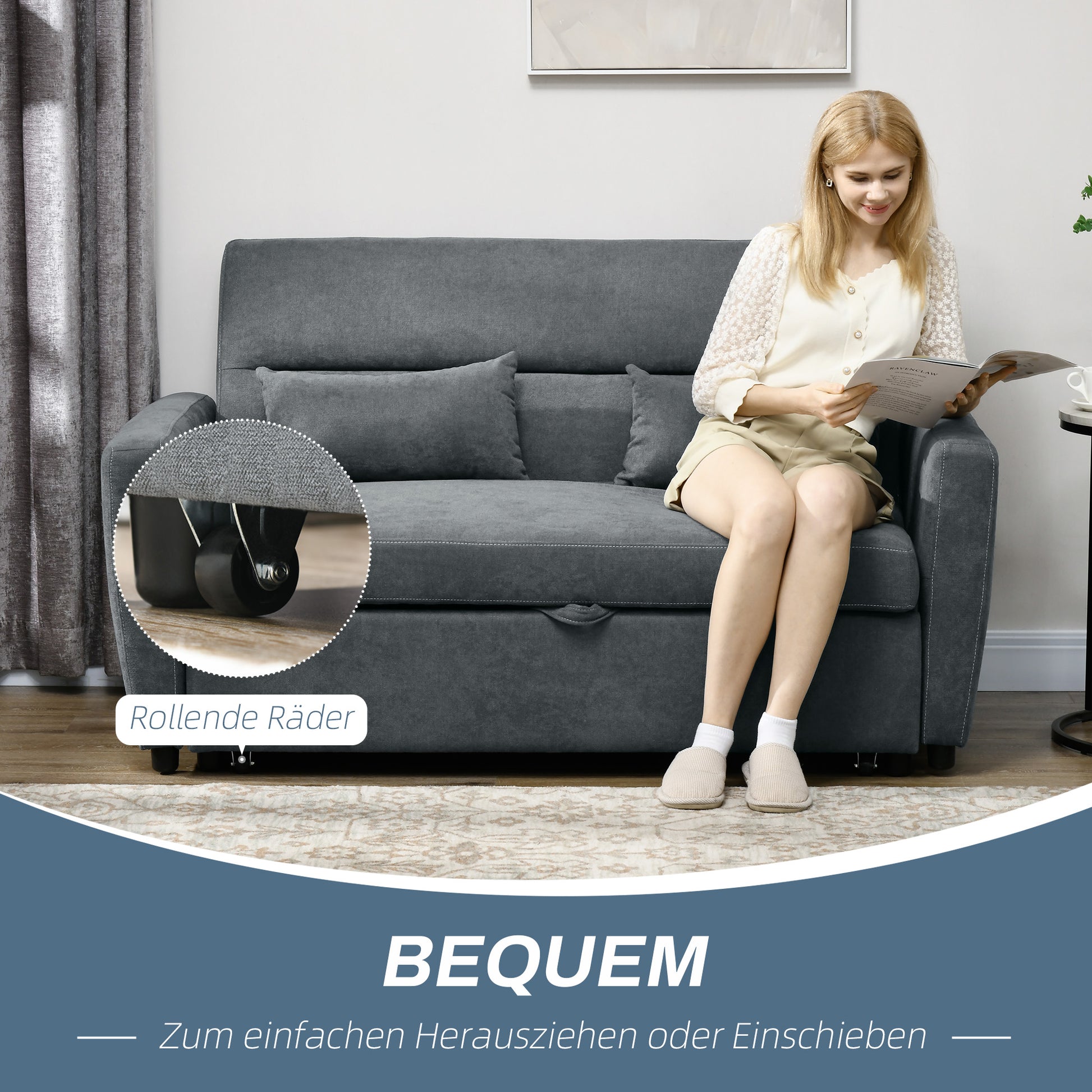 Sleeper Sofa, 2-Seater Sofa with Sleeping Function, Adjustable Backrest, Couch with Pillows, Velvet Look, Sofa Bed for Living Room, Guest Room, Dark Grey