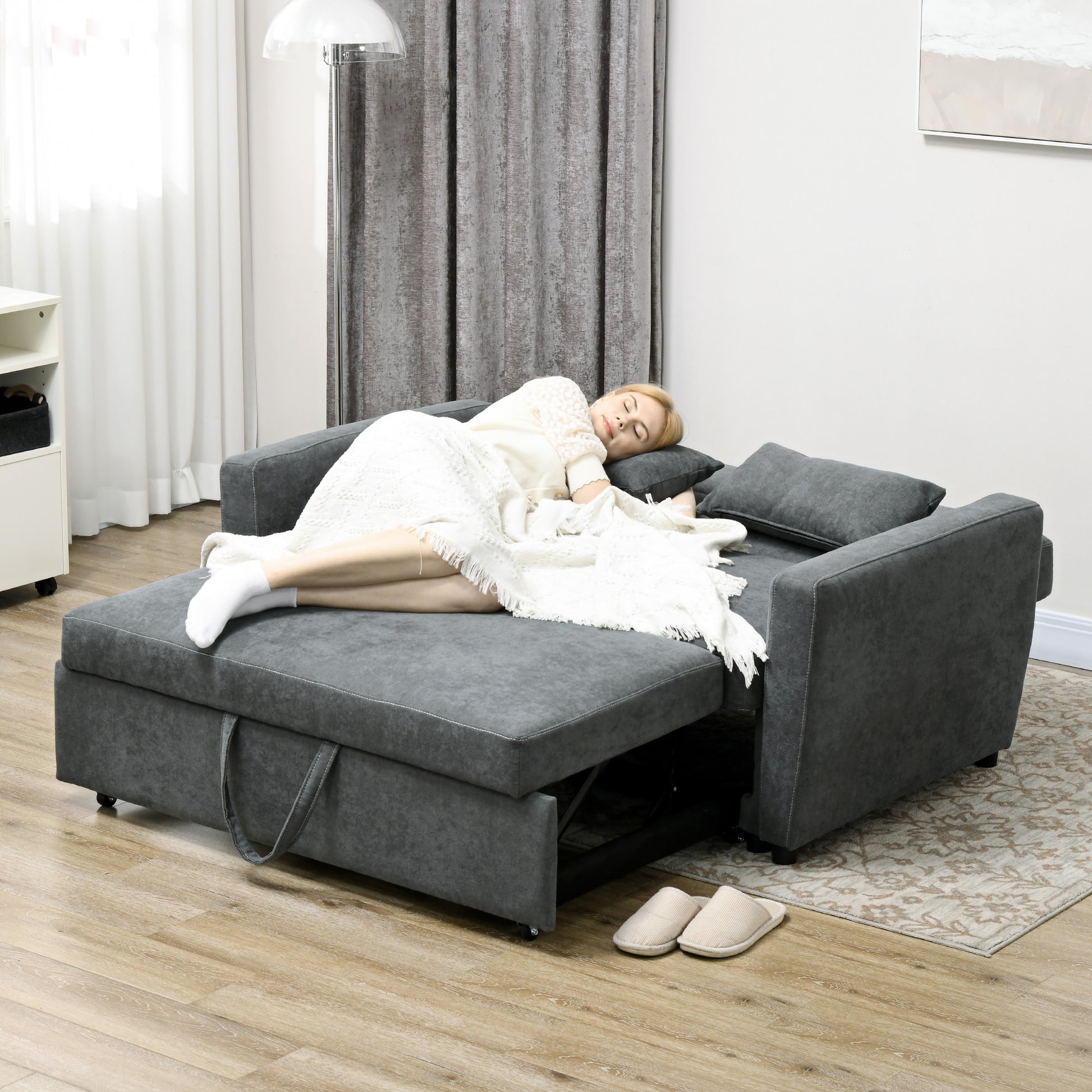 Sleeper Sofa, 2-Seater Sofa with Sleeping Function, Adjustable Backrest, Couch with Pillows, Velvet Look, Sofa Bed for Living Room, Guest Room, Dark Grey