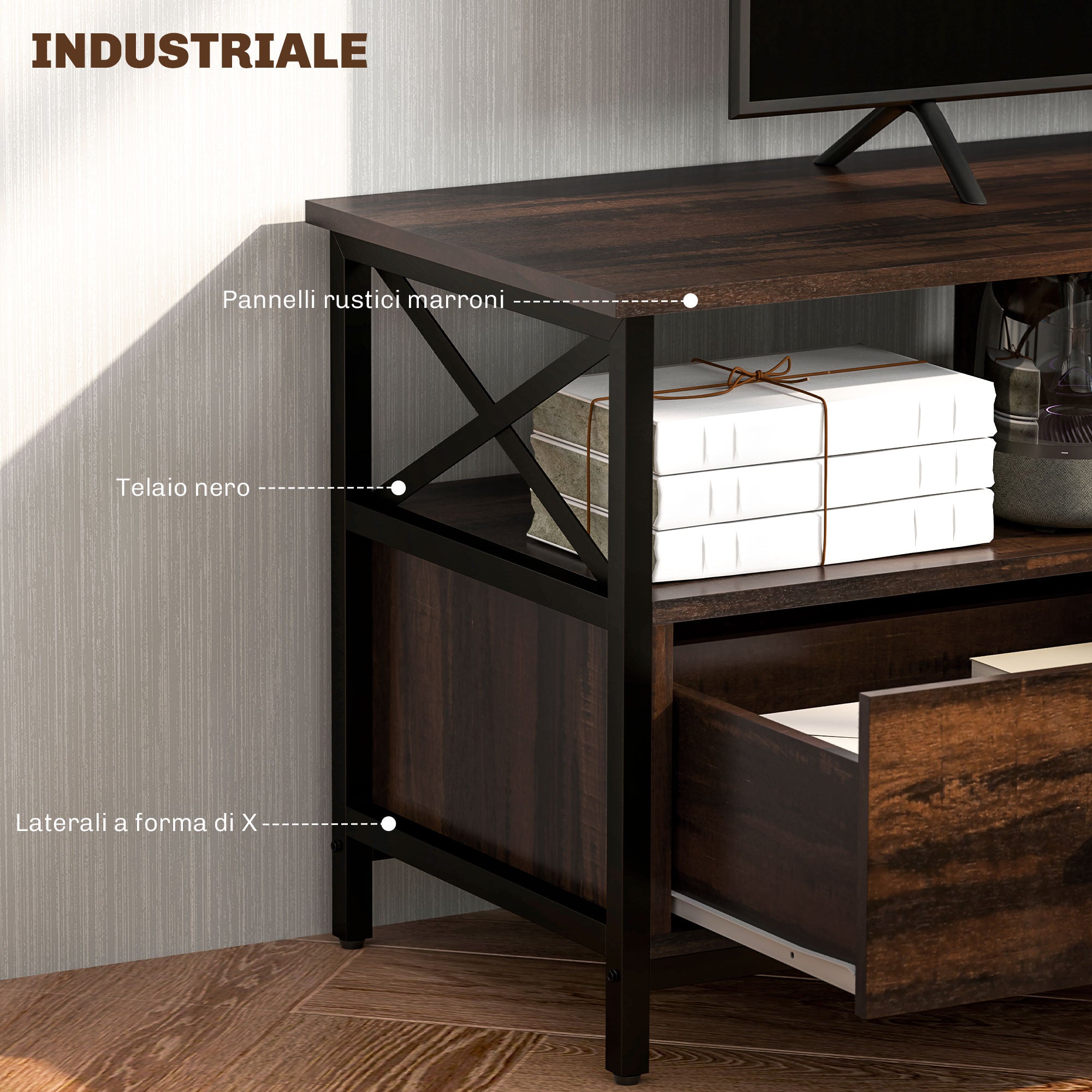 Industrial Style 65" TV Stand with 3 Drawers and 3 Open Shelves, Wooden and Metal TV Cabinet, 147x40x50 cm, Black and Rustic Brown